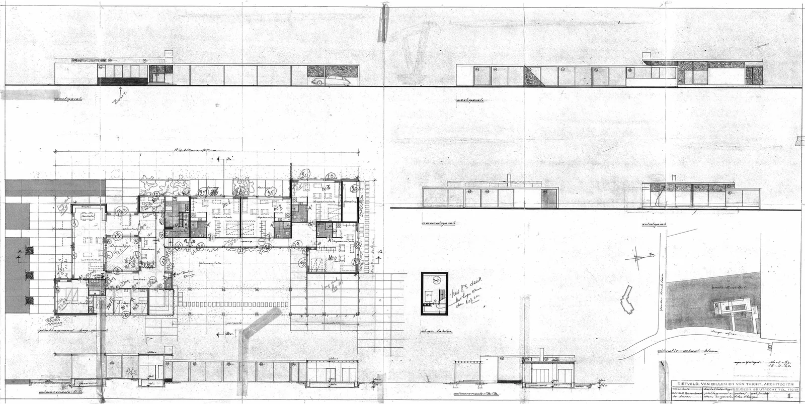 Originele bouwtekening uit 1962-63 van Rietveld, Van Dillen en Van Tricht voor Huis Bosschaert, Lange Wijnen 9 in Laren: één blad met plattegrond, gevels en doorsneden van de bungalow rond de binnentuin.